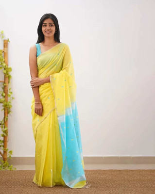 Julee Solid/Plain Chanderi Chanderi Saree(Light Blue, Yellow)