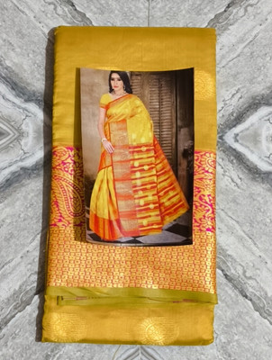 Ranshri Fashion Applique Saree with Attached Blouse Pure Silk Saree(Yellow)