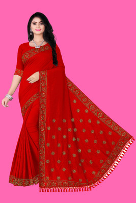 nevya creation Embellished Chanderi Georgette, Art Silk Saree(Red)