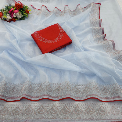 HouseOfCommon Embellished, Solid/Plain Bollywood Supernet Saree(Grey)