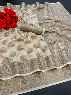 NIYAMI Printed, Self Design, Woven, Floral Print Banarasi Jacquard, Cotton Silk Saree(Beige)
