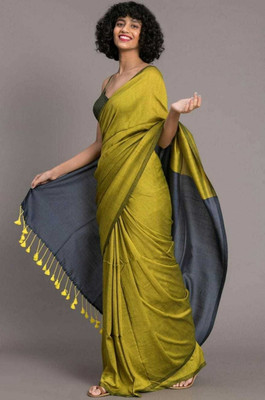 saree star Solid/Plain Handloom Pure Cotton Saree(Yellow, Grey)