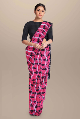 Craftmusium Printed, Color Block, Blocked Printed, Floral Print, Dyed Daily Wear Pure Cotton Saree(Pink)