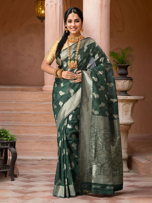 ANOUK Printed Chanderi Linen Saree(Dark Green)