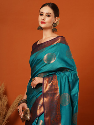 yourwish Embellished, Woven Bollywood Pure Silk, Jacquard Saree(Dark Blue, Purple, Gold)