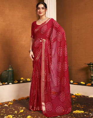 Satrani Printed, Woven, Embellished Bollywood Chiffon Saree(Red)