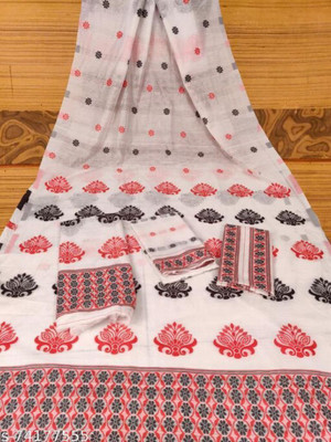 HIYAMI Woven Mekhela Chador Cotton Blend Saree(White)