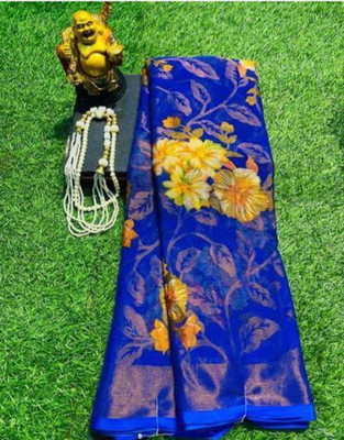 Sita Floral Print Bollywood Brasso Saree(Blue)