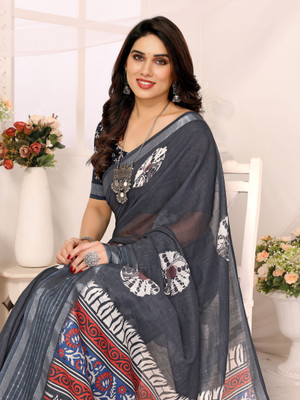 Soor Panchi Floral Print Bollywood Cotton Linen Saree(Black)