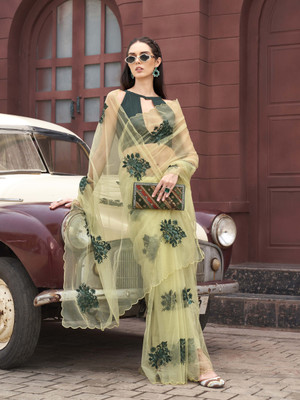 Tikhi Imli Embroidered Saree with Attached Blouse Net Saree(Green)