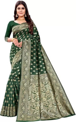Moda Repido Woven Kanjivaram Silk Blend Saree(Dark Green)