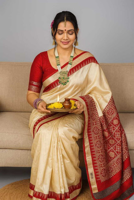 Aparna Woven Sambalpuri Art Silk Saree(Cream, Red)