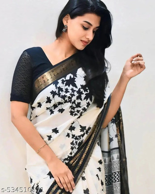 Aadimam Creation Printed Bollywood Silk Blend Saree(Black, White)