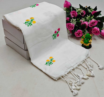 DRAPERIA Embroidered Handloom Pure Cotton Saree(White)