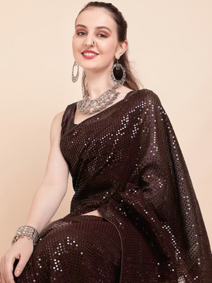Clemira Checkered, Embellished Bollywood Georgette Saree(Brown)