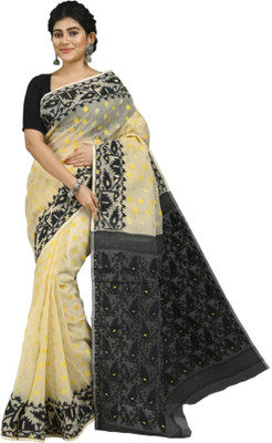 Revival Woven Jamdani Cotton Blend Saree(Cream, Black)