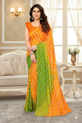 SmittenSmit Printed Bollywood Georgette Saree(Green, Orange)