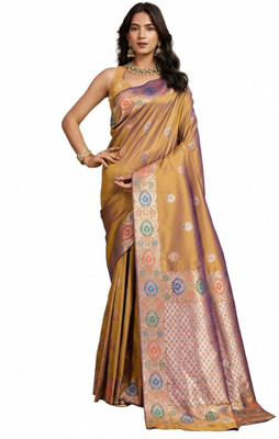 Tantvi Printed Banarasi Jacquard Saree(Gold)