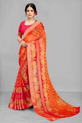 Divastri Printed, Animal Print, Polka Print Daily Wear Brasso, Chiffon Saree(Orange)
