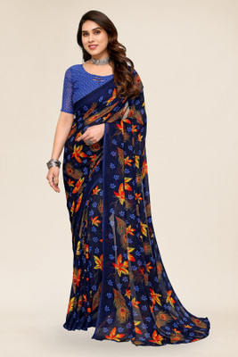 Anand Sarees Floral Print Daily Wear Georgette Saree(Dark Blue)