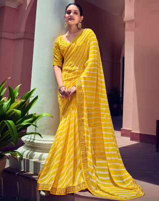 SIRIL Striped, Embellished Bandhani Georgette Saree(White, Yellow)