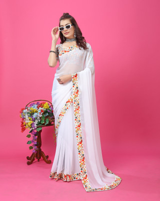 RHG Fashion Solid/Plain, Self Design, Digital Print Bollywood Georgette Saree(White)