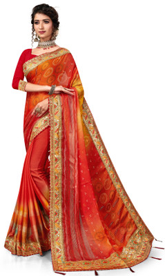 C P Vastralay Digital Print Bandhani Chiffon Saree(Red)