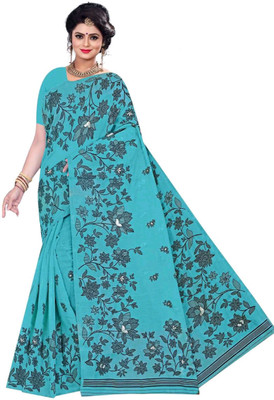 Radharani fusion Printed, Floral Print Bollywood Cotton Silk Saree(Light Blue)