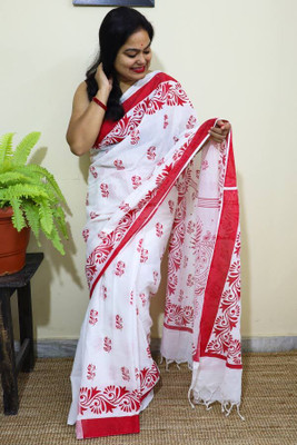 Priyongboda Printed Jamdani Handloom Cotton Blend Saree(White, Red)