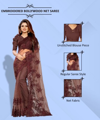 Barkiya Creation Embroidered Bollywood Net Saree(Brown)