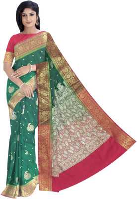 HouseOfCommon Woven Banarasi Jacquard Saree(Green, Red)