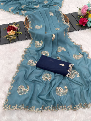 Zari and Ziba Embroidered Bollywood Georgette Saree(Light Blue)