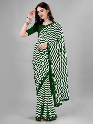 Glamour Hub Woven Jamdani Georgette, Chiffon Saree(Dark Green)