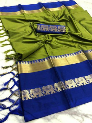 Vishal Creations Solid/Plain Assam Silk Cotton Silk Saree(Green, Blue)