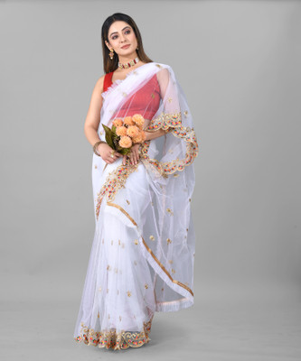 HouseOfCommon Embroidered Bollywood Net Saree(White)