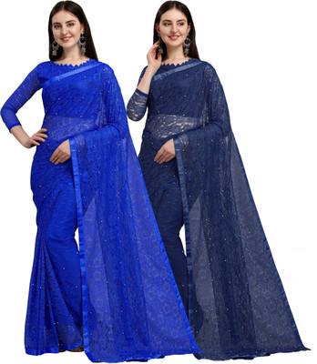 LOROFY Self Design Bollywood Net Saree(Pack of 2, Blue)