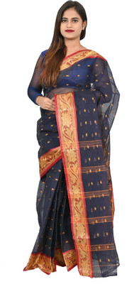 J KunduHouse Self Design Tant Pure Cotton Saree(Blue)