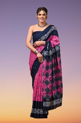 VIBEBAZAAR Blocked Printed, Floral Print, Printed Daily Wear Handloom Cotton Blend Saree(Pink, Blue, White)