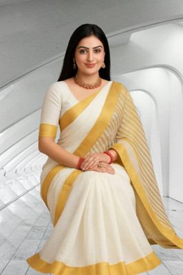 SHRISAREEESa Striped Bollywood Pure Cotton Saree(White)