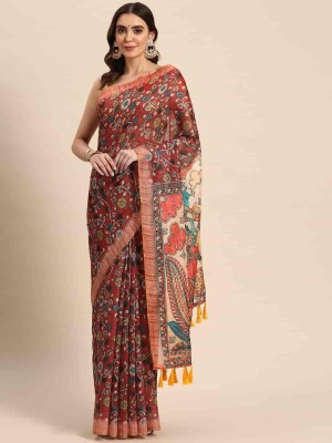 Divastri Floral Print Kalamkari Cotton Blend Saree(Maroon)