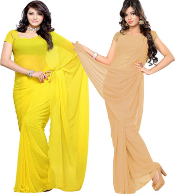 Fancyninee Solid/Plain Bollywood Georgette Saree(Pack of 2, Yellow, Beige)