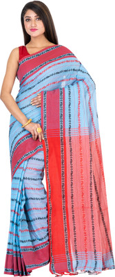 SAYAN CREATION Striped Handloom Pure Cotton Saree(Blue, Red)