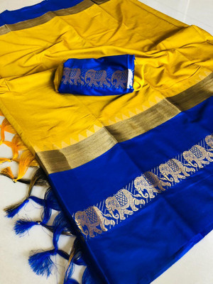 Fab Silk Solid/Plain Banarasi Cotton Silk Saree(Gold)