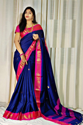NST5 Woven Maheshwari Cotton Silk Saree(Blue, Pink)
