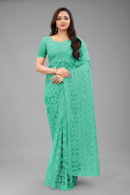 SILK SAREE HUB Embroidered Bollywood Net Saree(Light Blue)
