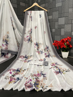 Pemal Designer Digital Print, Printed Bollywood Georgette Saree(White)