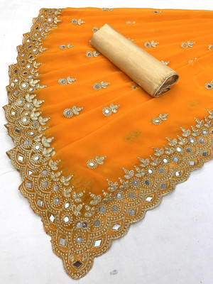 HouseOfCommon Embroidered Banarasi Georgette Saree(Orange)