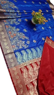 Yash silk international Printed, Self Design, Solid/Plain Hand Batik Satin, Silk Blend Saree(Blue)