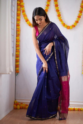 HouseOfCommon Striped Banarasi Pure Silk Saree(Blue)