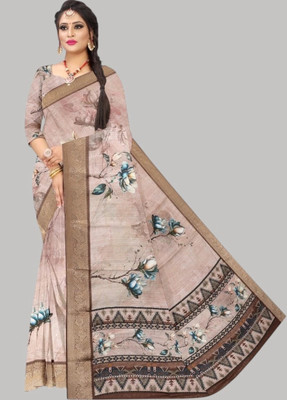 Tanikatextiles Printed Bollywood Linen Saree(Brown)